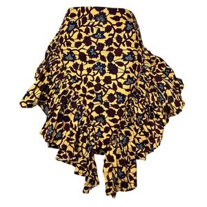 Hawa Womens Floral Ruffle Ankara Skirt Sz M Yellow Burgundy Blue Traditional